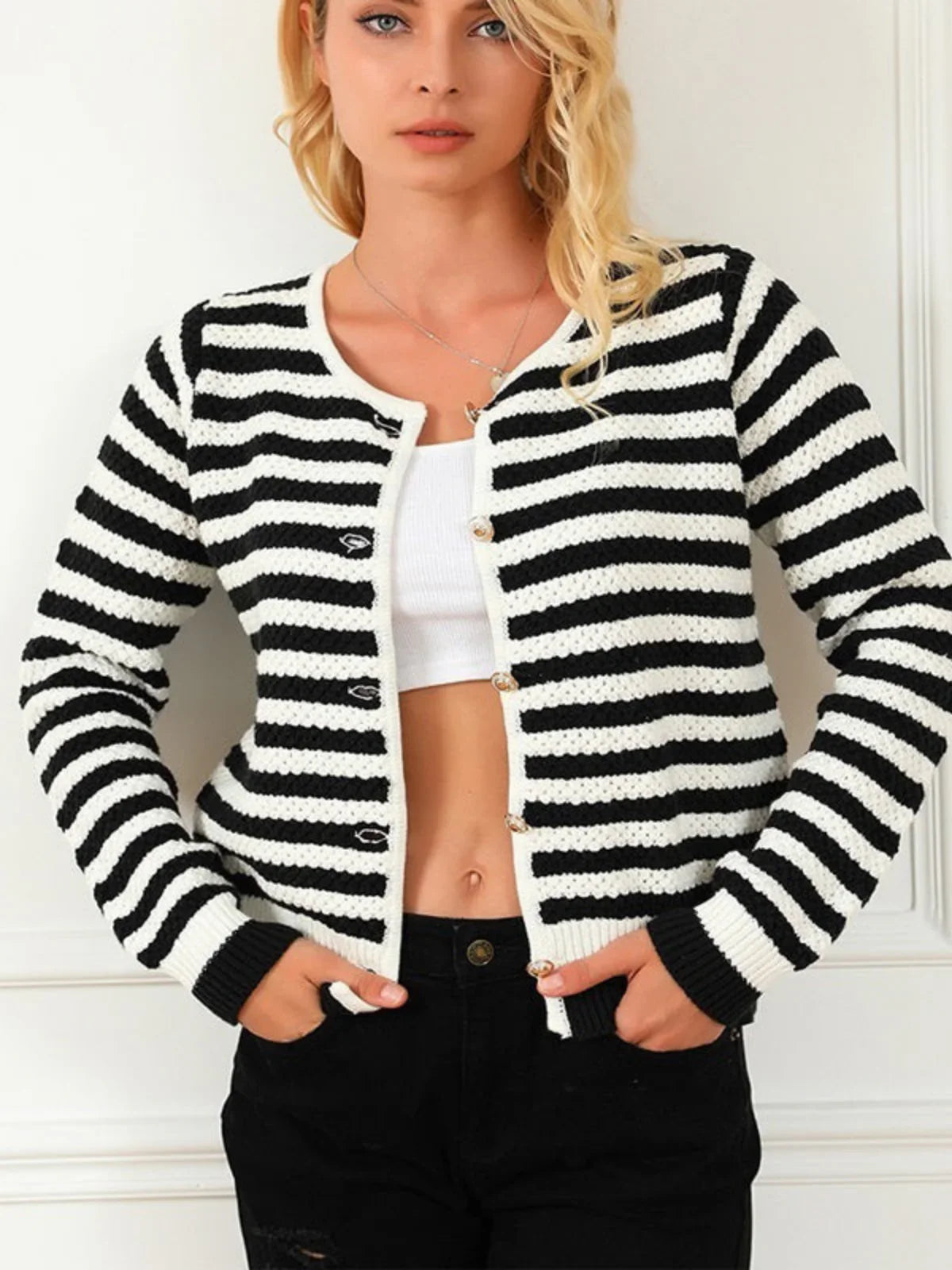Black Wide Striped Cardigan - LA FEMME WANDERER