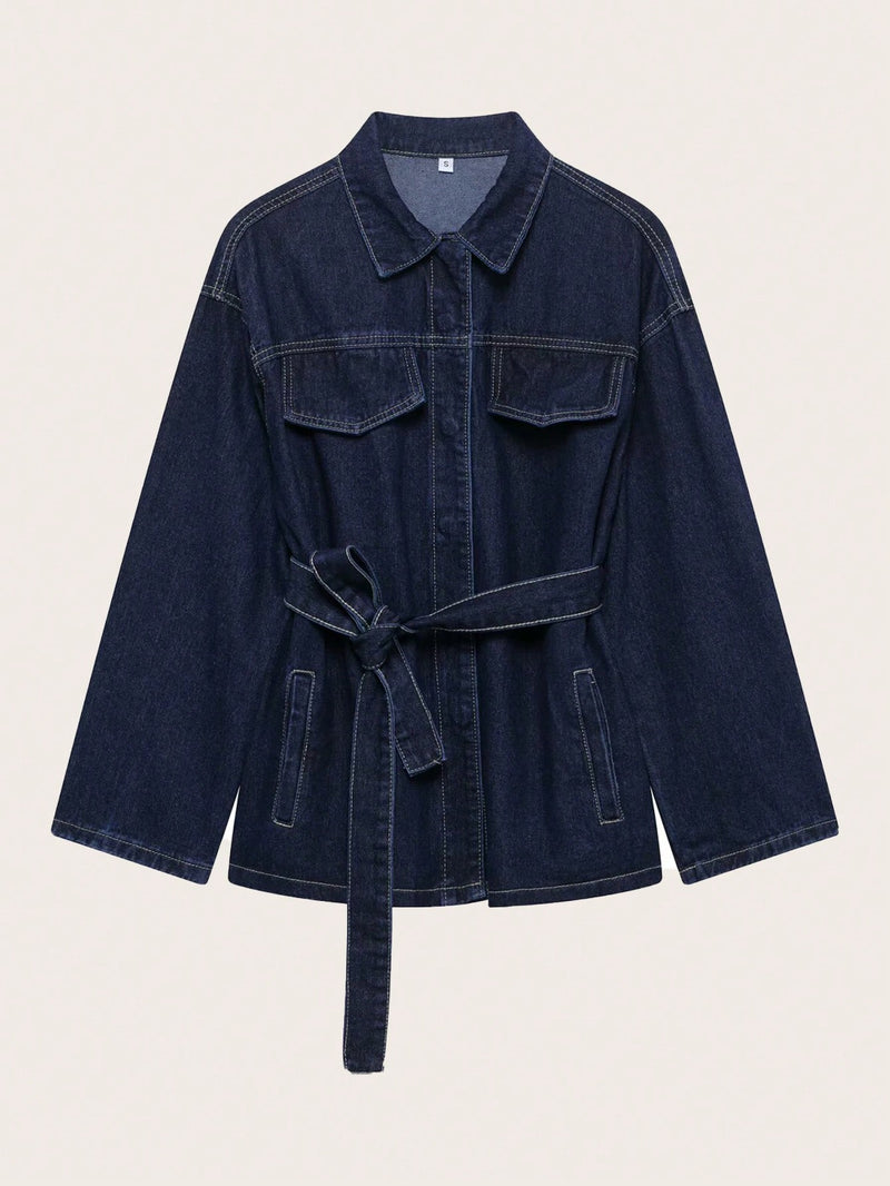 Retro Belted Denim Collar Jacket