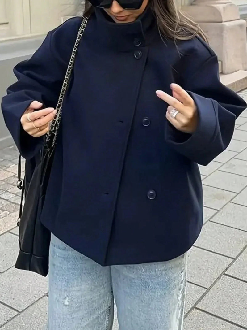 Παλτό από Μαλλί με Κουμπιά στο Μπροστινό Μέρος, Χαλαρή Γραμμή, Σικ, Καθημερινό