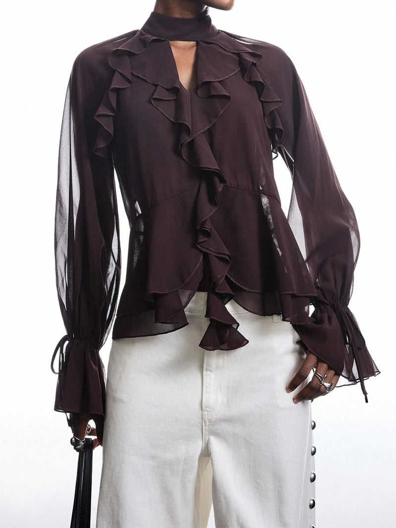 Brown Ruffle Sleeve Tie Neck Blouse Casual Chic Flare Top