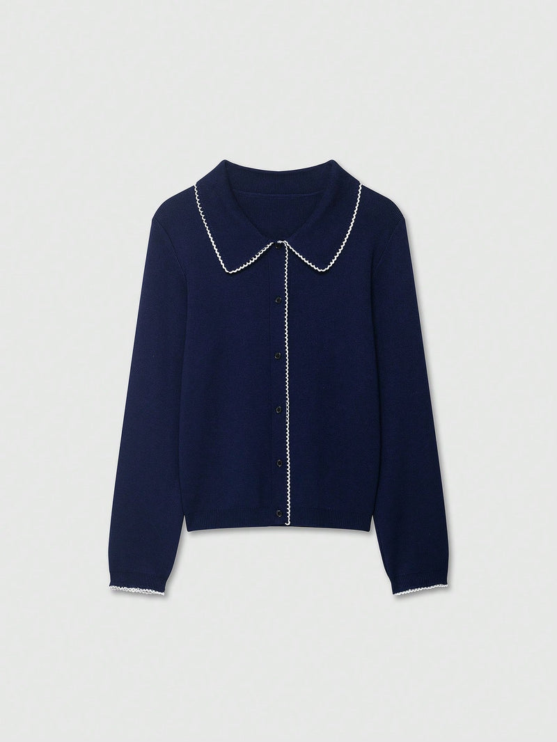 Navy Colorblock Button Collar Knit Cardigan