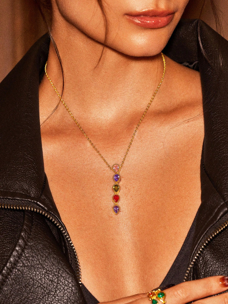 Five Color Long Pendant Necklace With Zirconia Rhinestones Vintage Glam Style