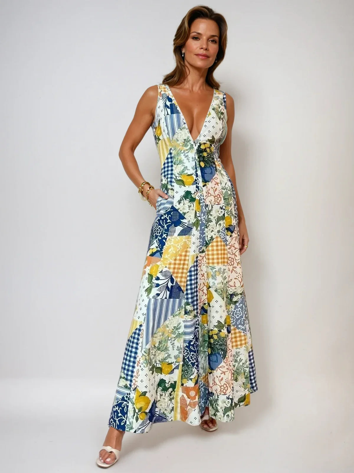 Sleeveless Lemonade Print Lace Trim Long Dress - LA FEMME WANDERER