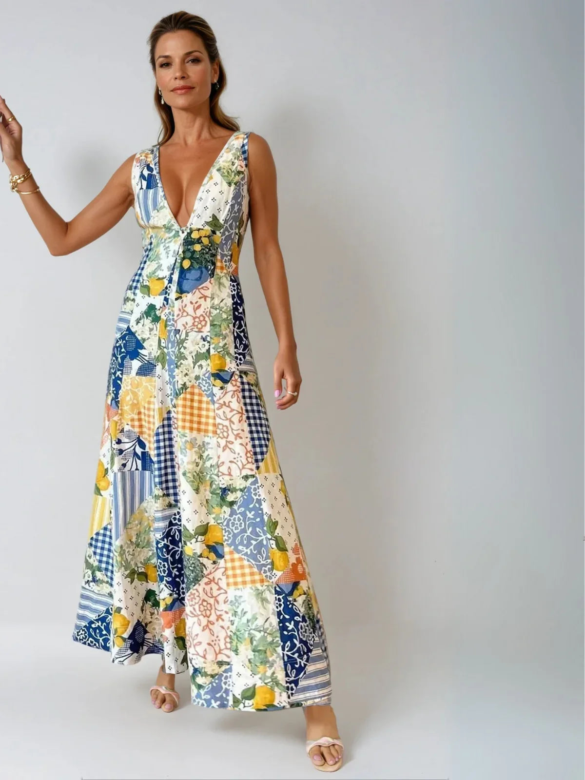 Sleeveless Lemonade Print Lace Trim Long Dress - LA FEMME WANDERER