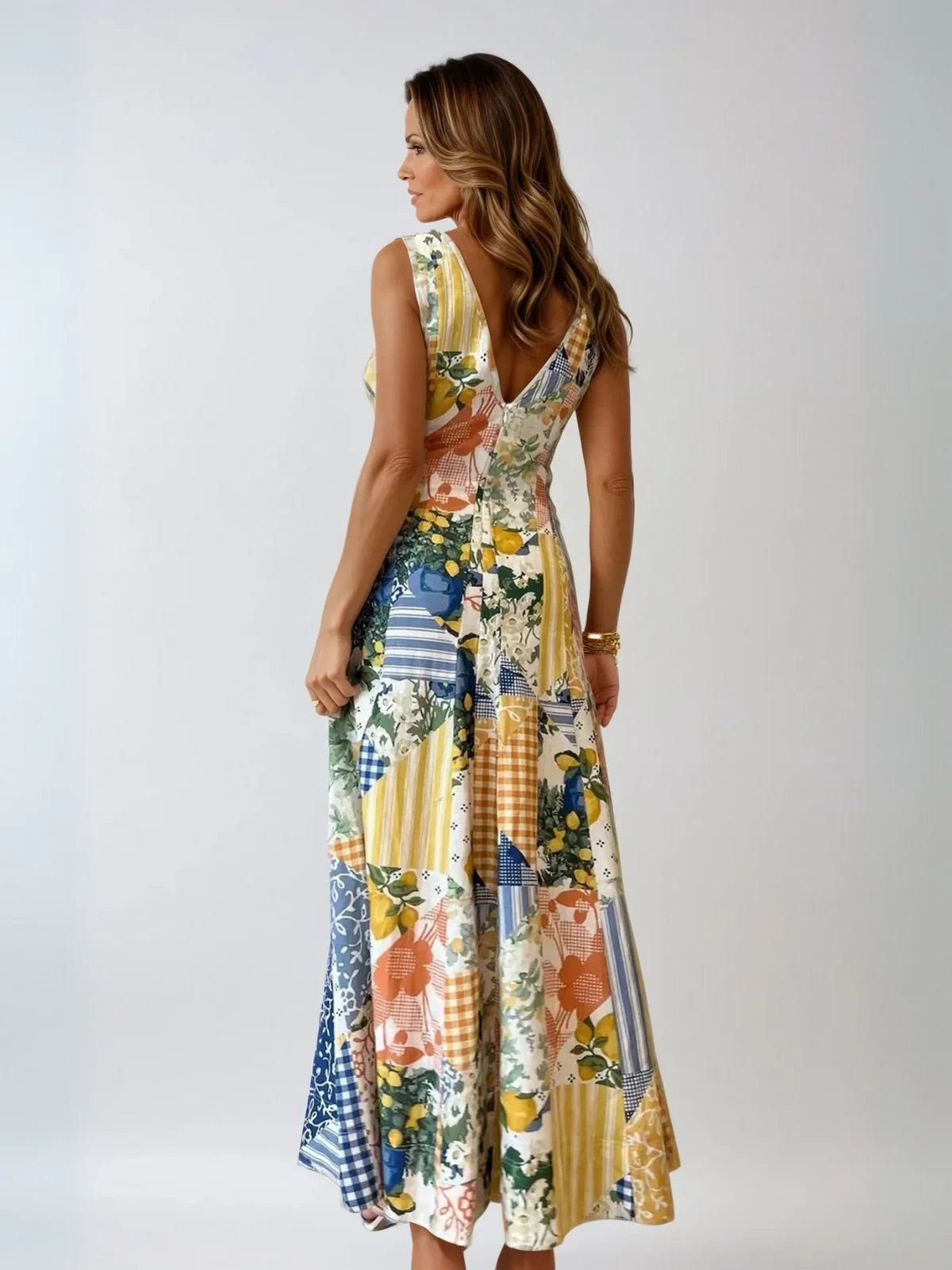 Sleeveless Lemonade Print Lace Trim Long Dress - LA FEMME WANDERER