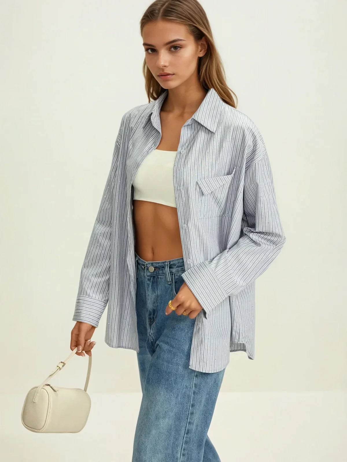 Μακρυμάνικο πουκάμισο με ρίγες και τσέπες με στρας - LA FEMME WANDERER