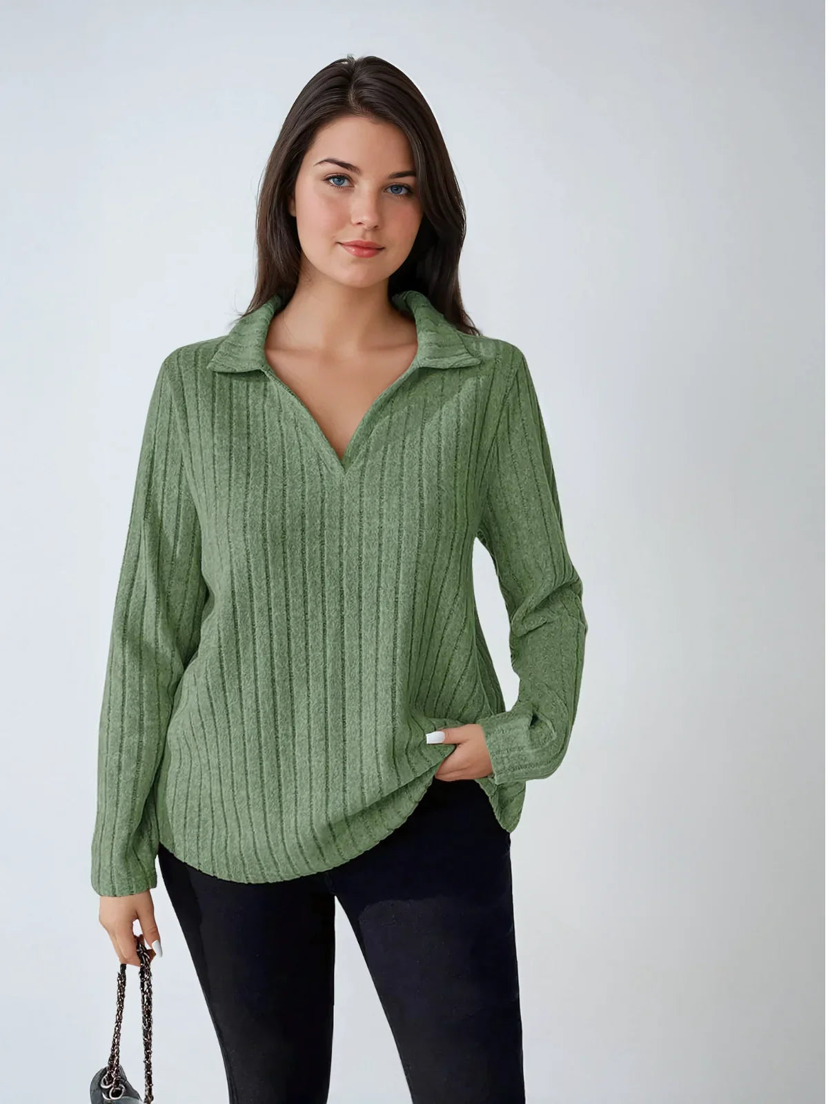 Plus Size Ribbed Turndown Collar Long Sleeve Tee Casual - LA FEMME WANDERER