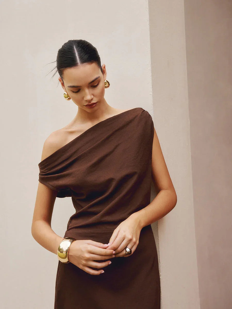 Asymmetric Shoulder Slim Fit Dress - LA FEMME WANDERER