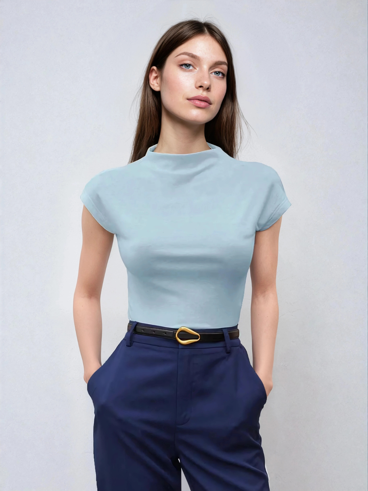 Batwing Sleeve Top With Stand Collar For Office And School