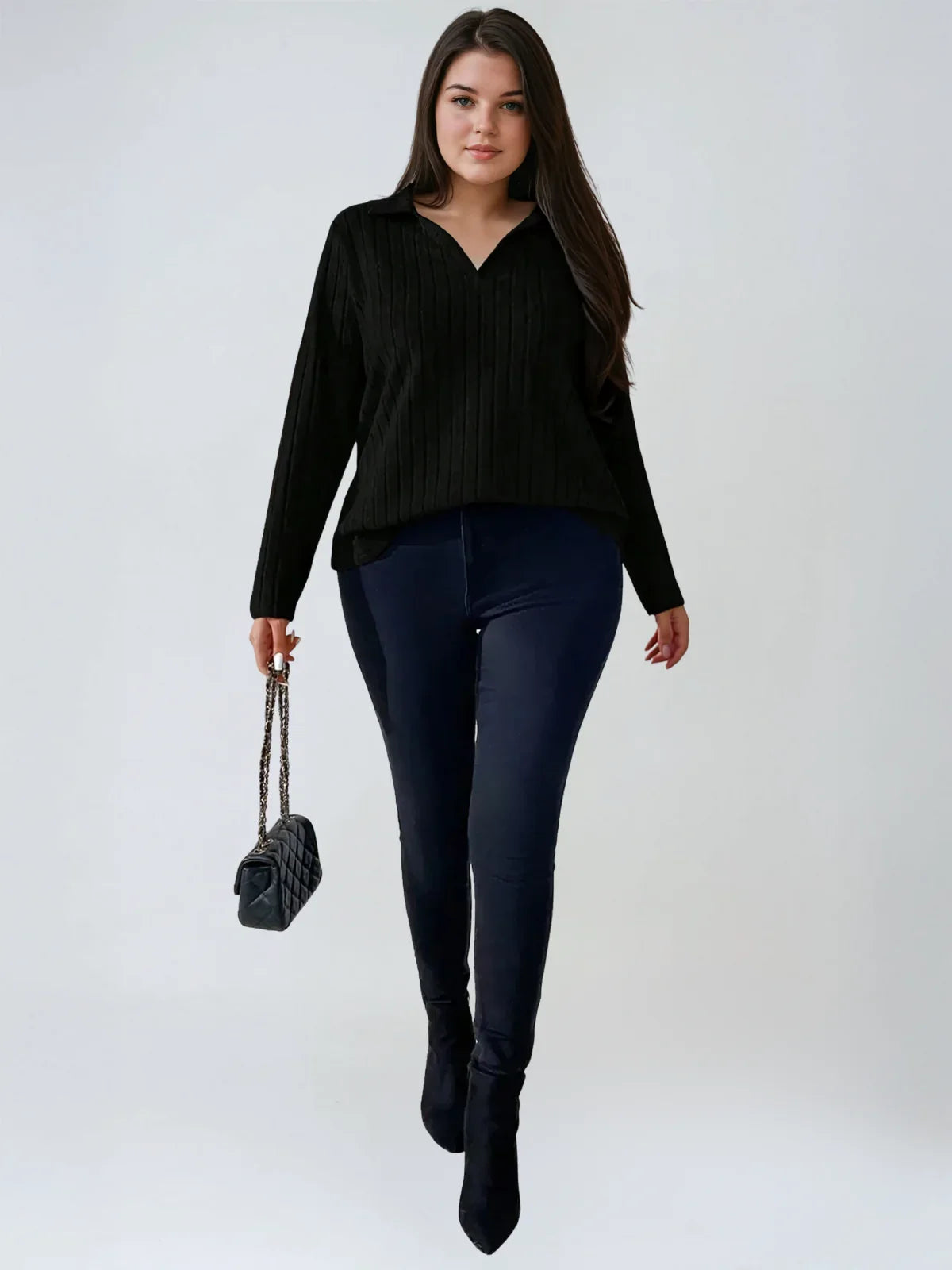 Plus Size Ribbed Turndown Collar Long Sleeve Tee Casual - LA FEMME WANDERER