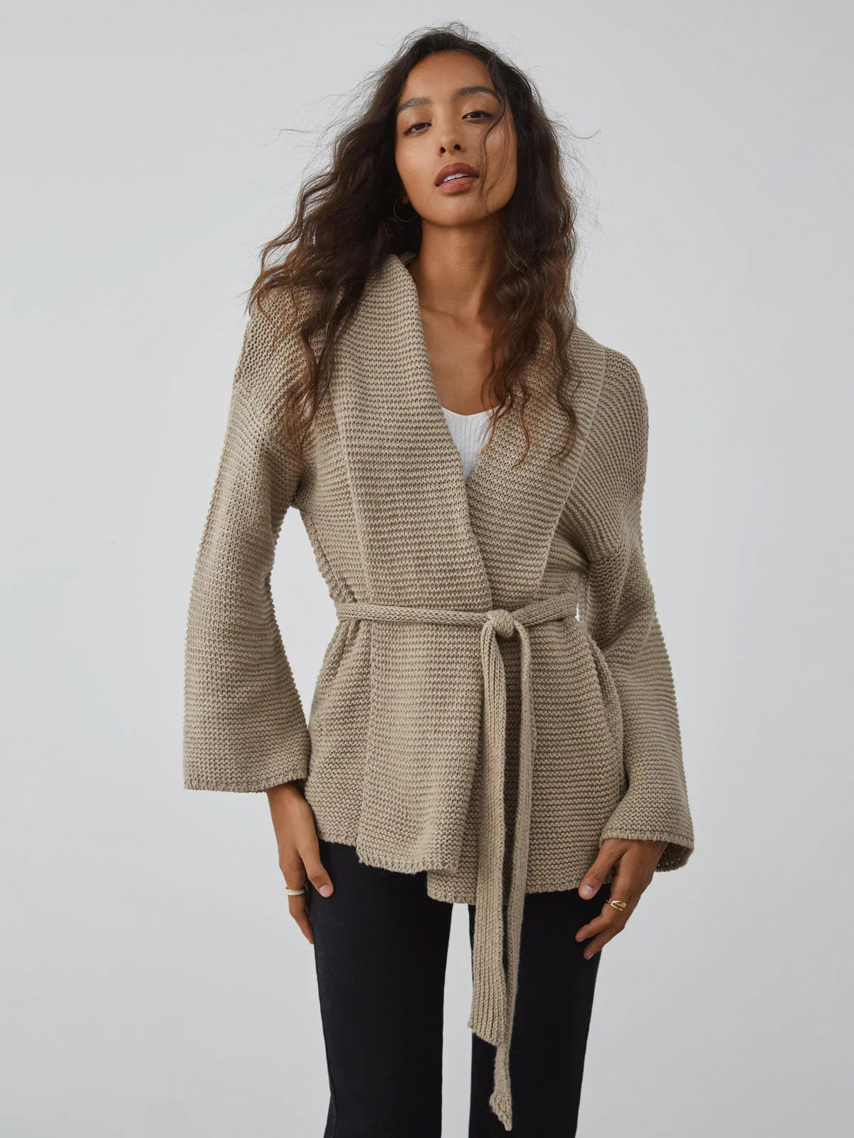 Taupe Tie Cardigan - LA FEMME WANDERER