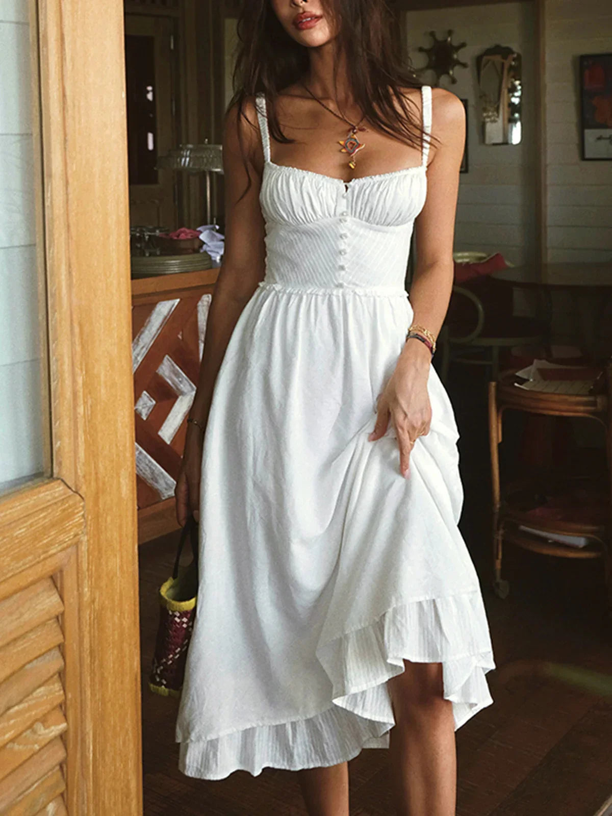 Ruffle Hem Cami Plain Midi Dress - LA FEMME WANDERER