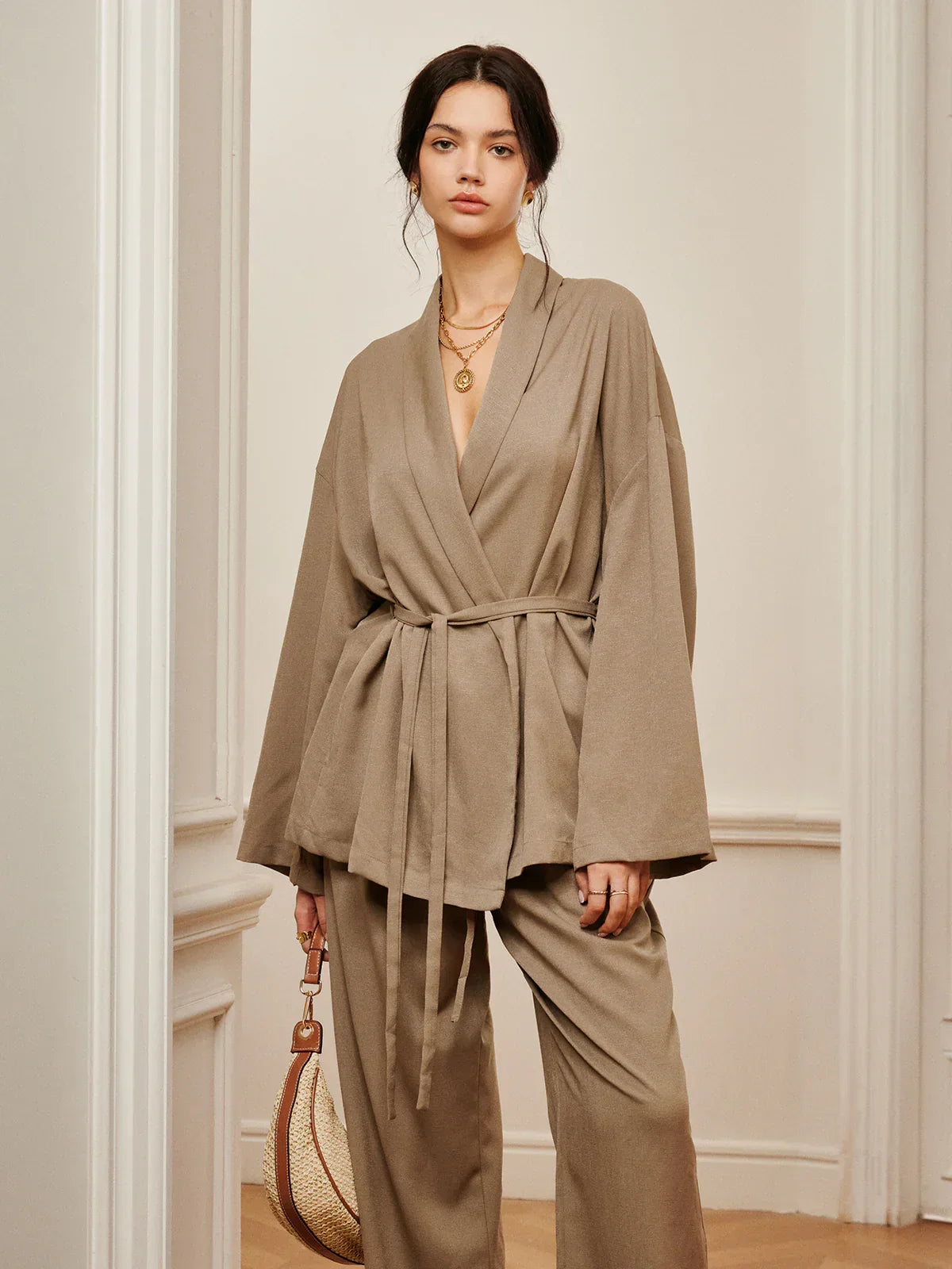 Leisure Belted Wrap Pants Set - LA FEMME WANDERER