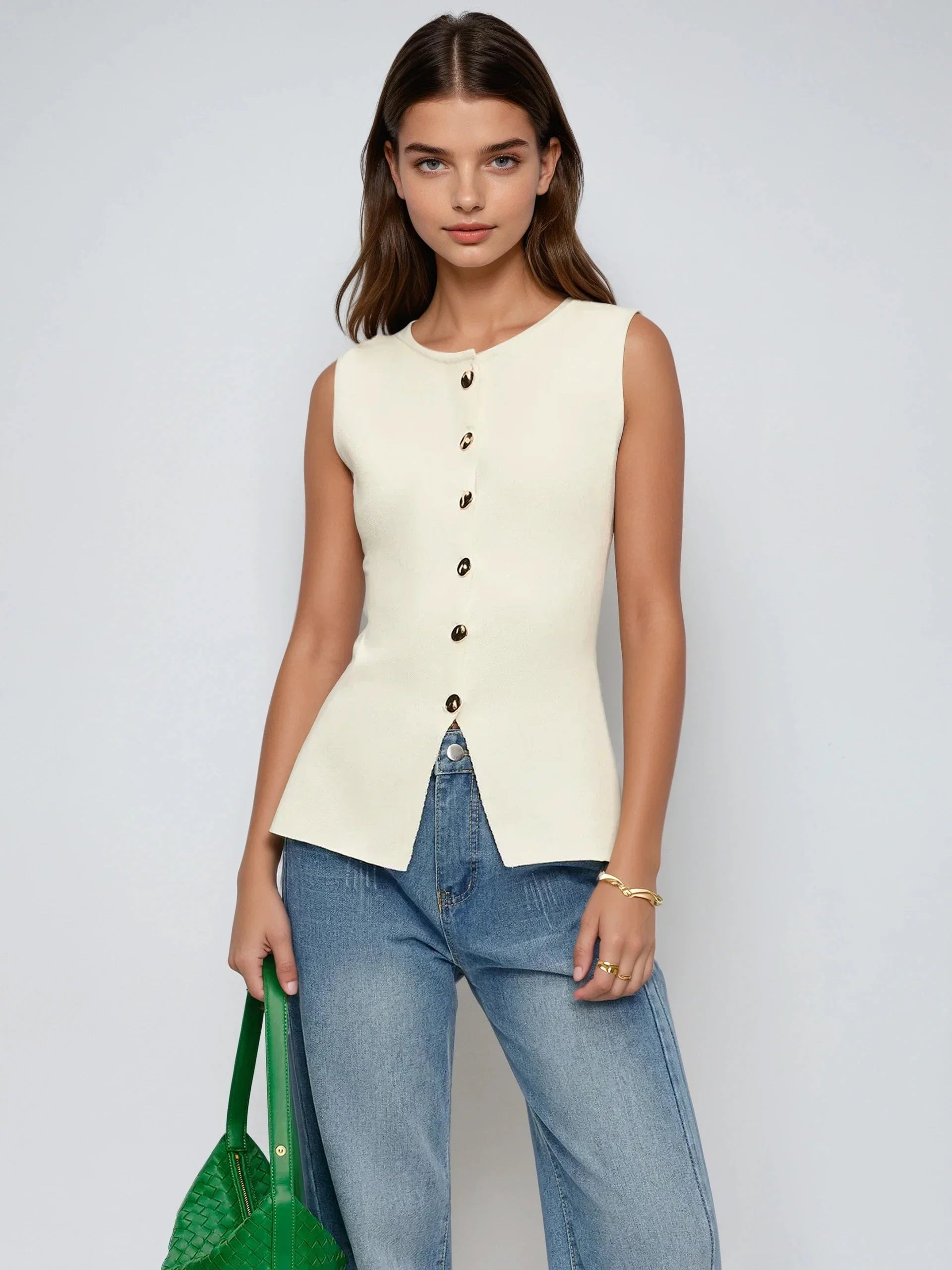 Button Down Split Sweater Vest - LA FEMME WANDERER