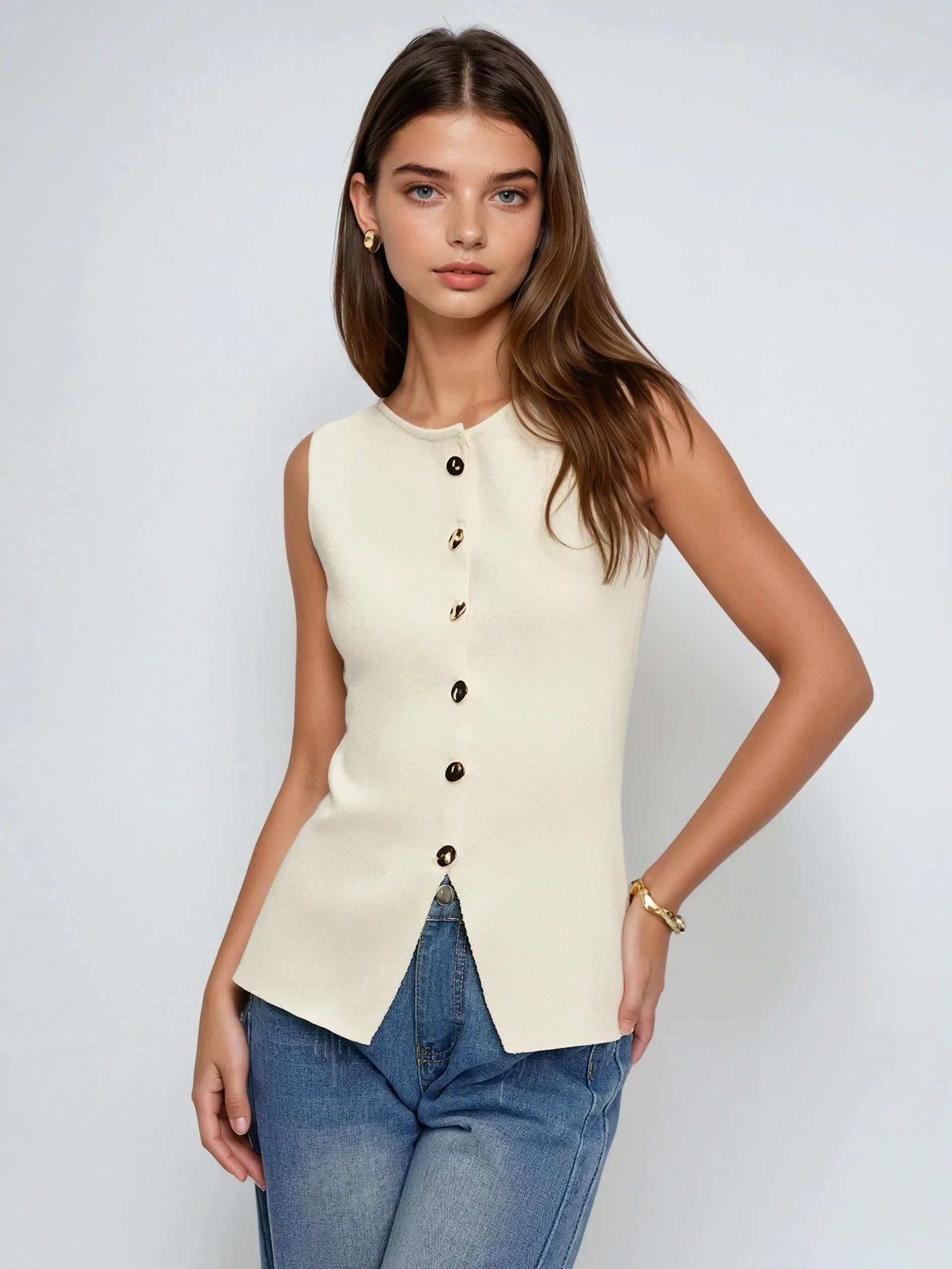 Button Down Split Sweater Vest - LA FEMME WANDERER