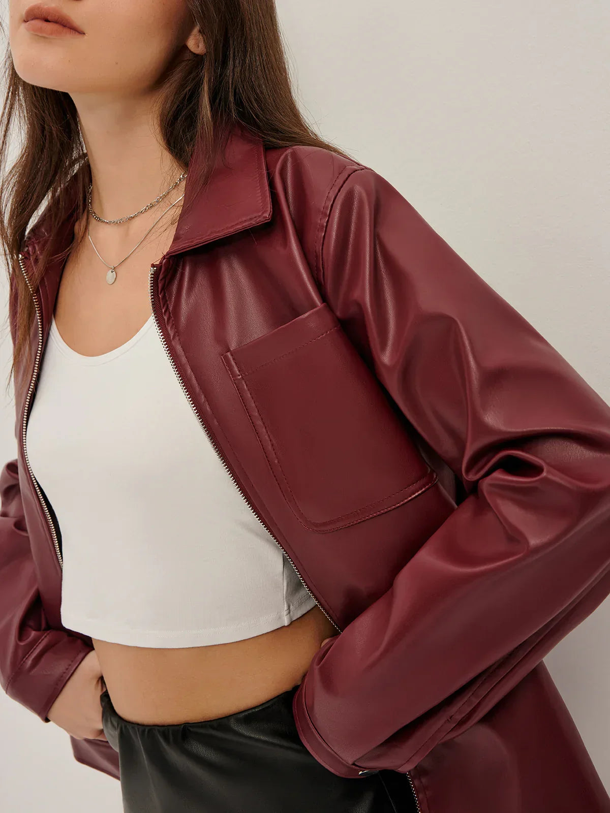 Lapel Zipper PU Leather Jacket - LA FEMME WANDERER