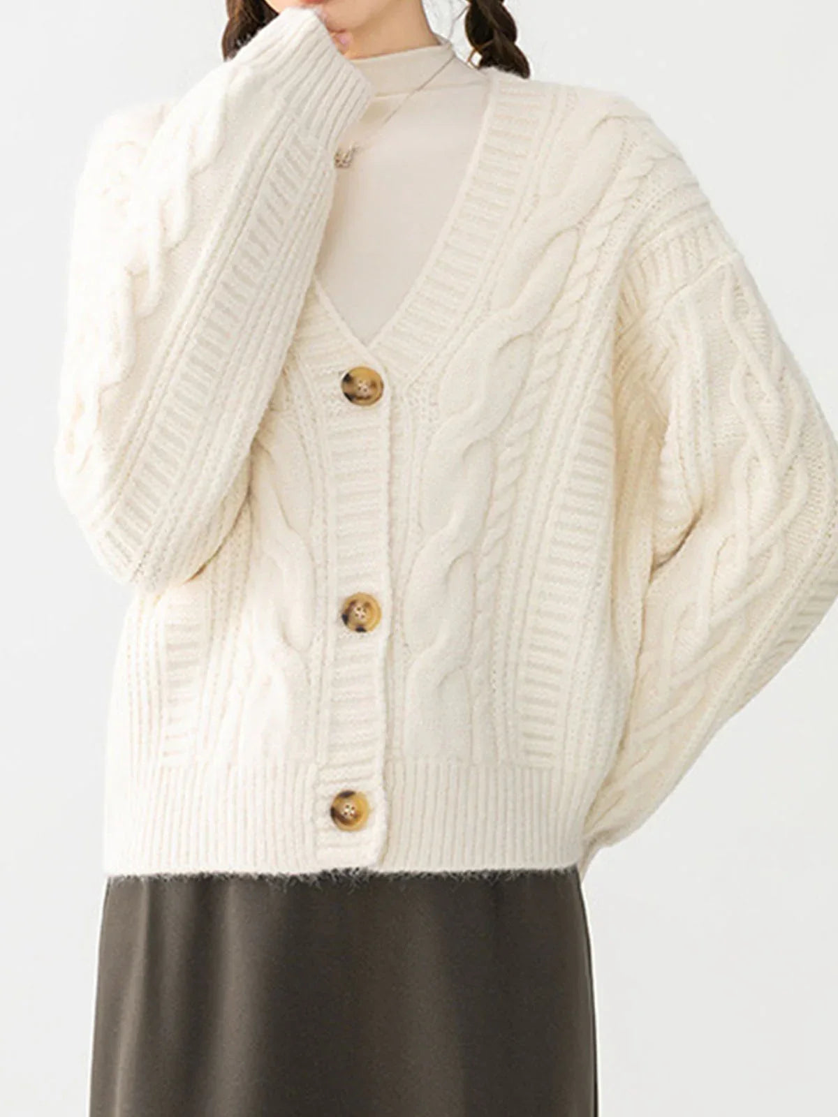 Button Mechanism Cable Cardigan - LA FEMME WANDERER