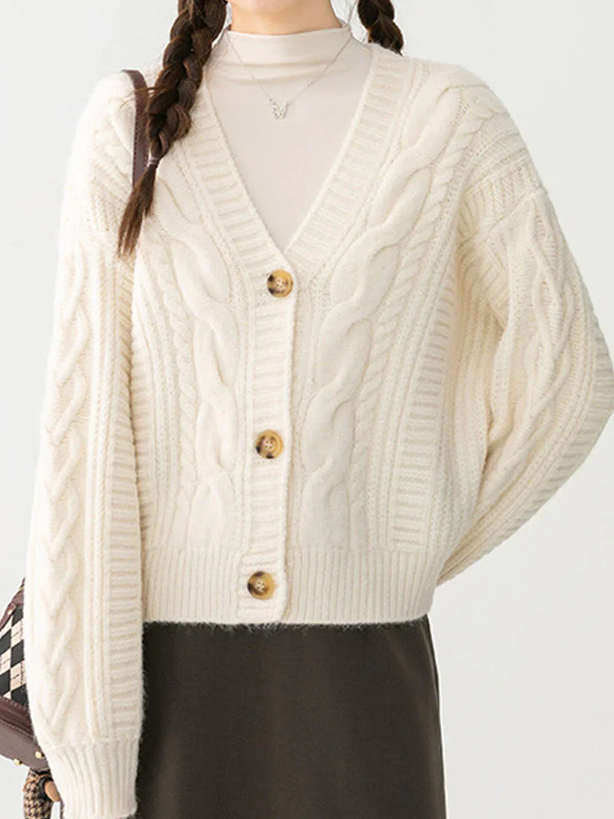 Button Mechanism Cable Cardigan - LA FEMME WANDERER