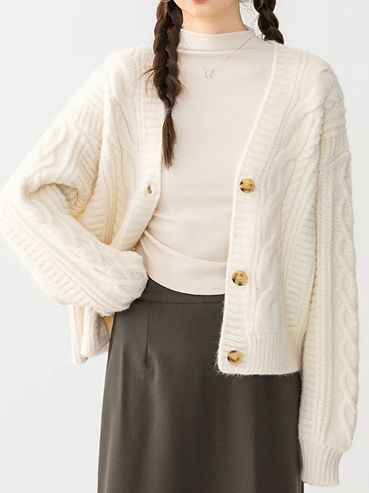 Button Mechanism Cable Cardigan - LA FEMME WANDERER