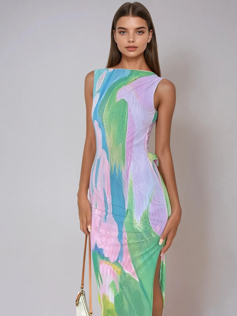 Monet Garden Print Sleeveless Long Dress