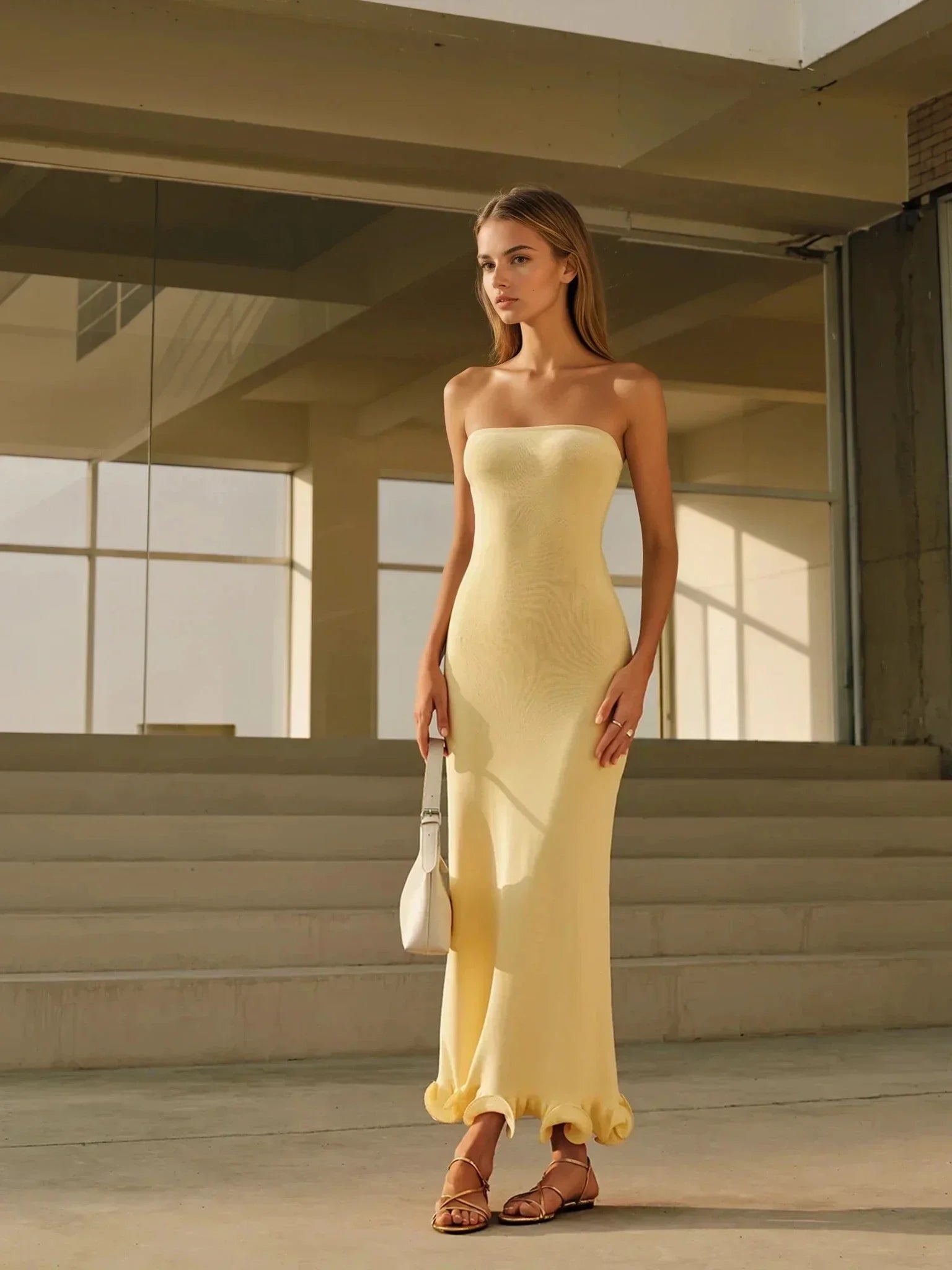 Cold-Shoulder Knit Ruffle Dress - LA FEMME WANDERER