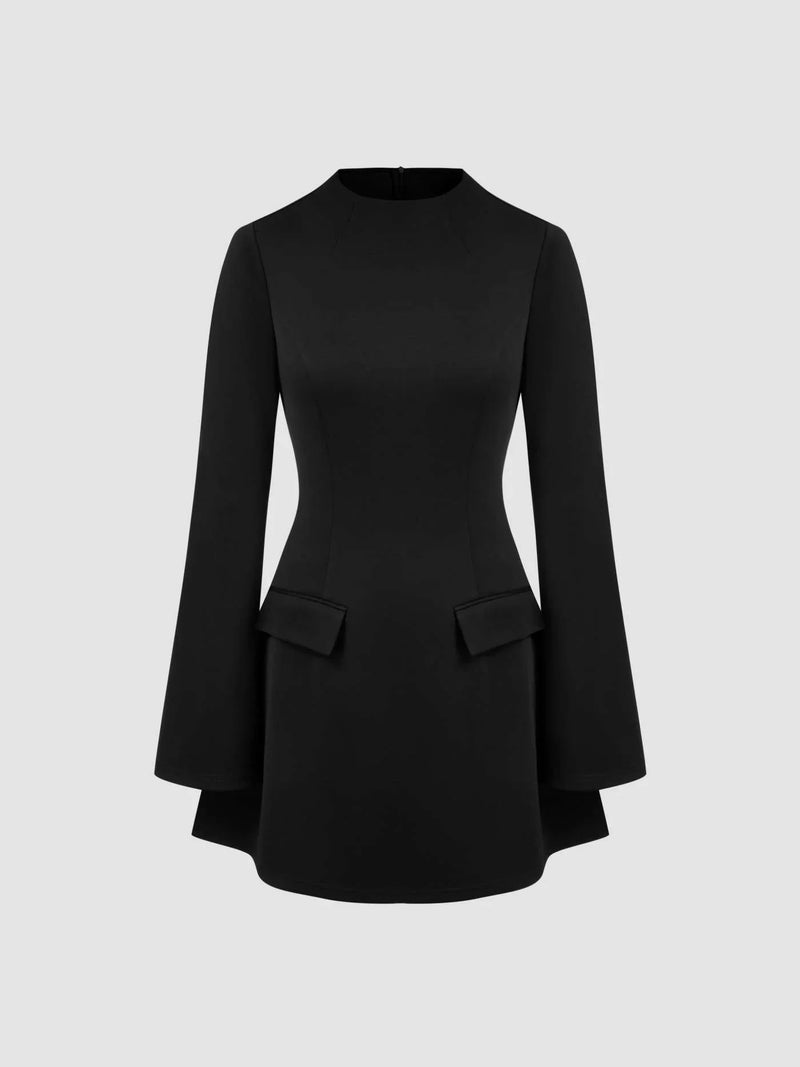 High Neck Solid Long Sleeve Mini Dress