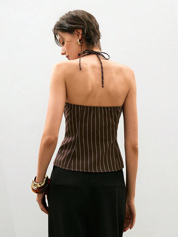 Mocha Pinstripe Beaded Halter Top