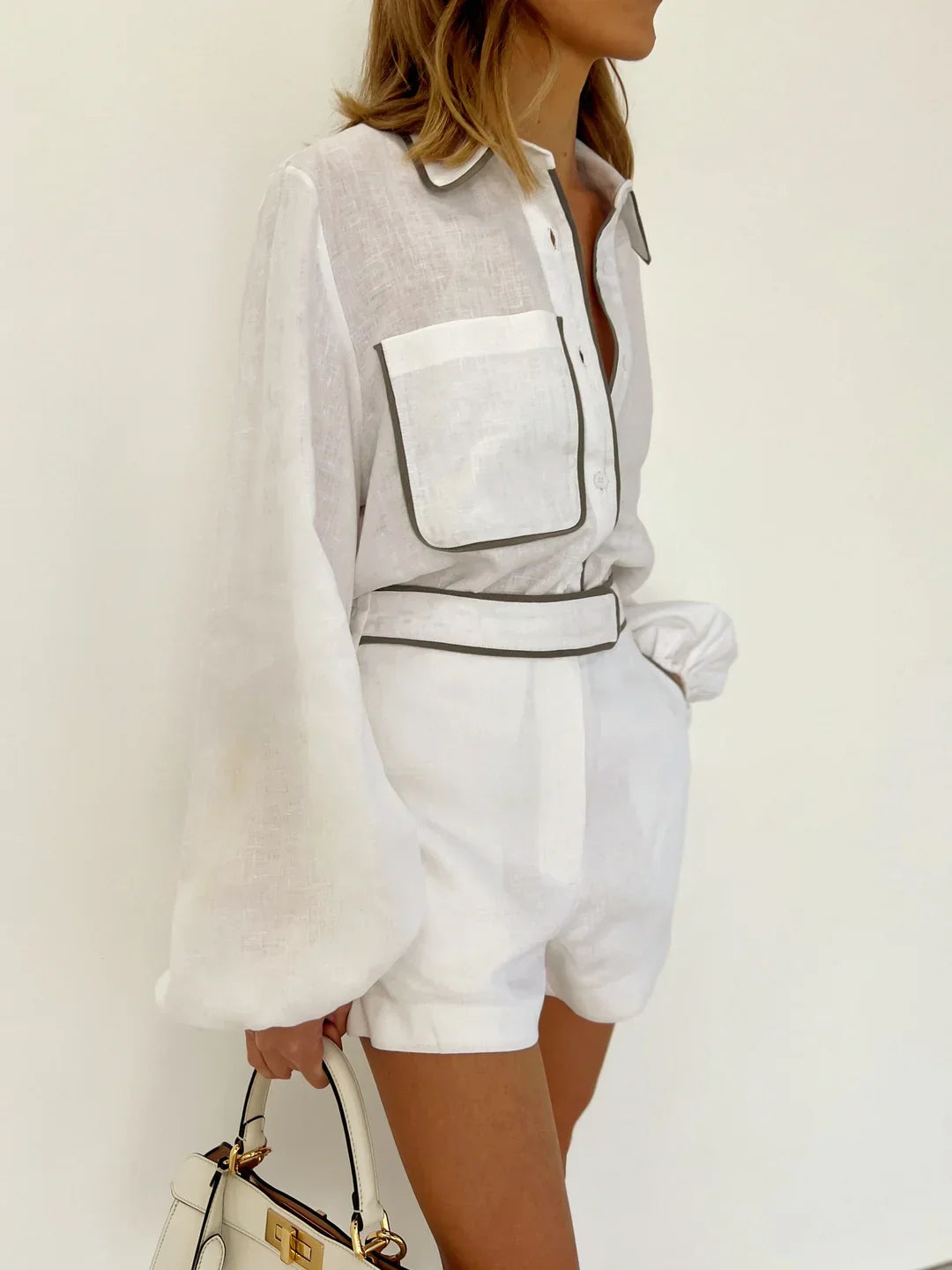 Σετ δύο τεμαχίων σορτς με τελείωμα σε αντίθεση από βαμβάκι και λινό - LA FEMME WANDERER