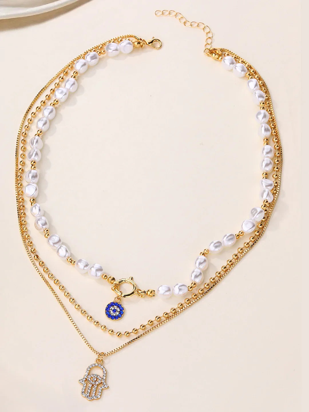 Pearl & Hamsa Hand Multi-Layer Necklace Set - LA FEMME WANDERER