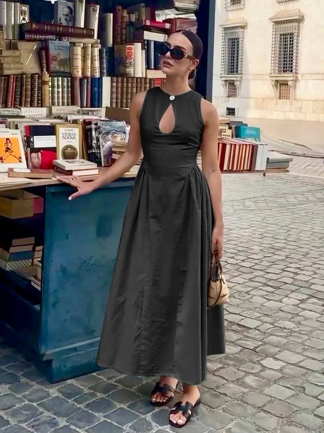 Μακρύ φόρεμα με κοψίματα από βαμβάκι και λινό - LA FEMME WANDERER