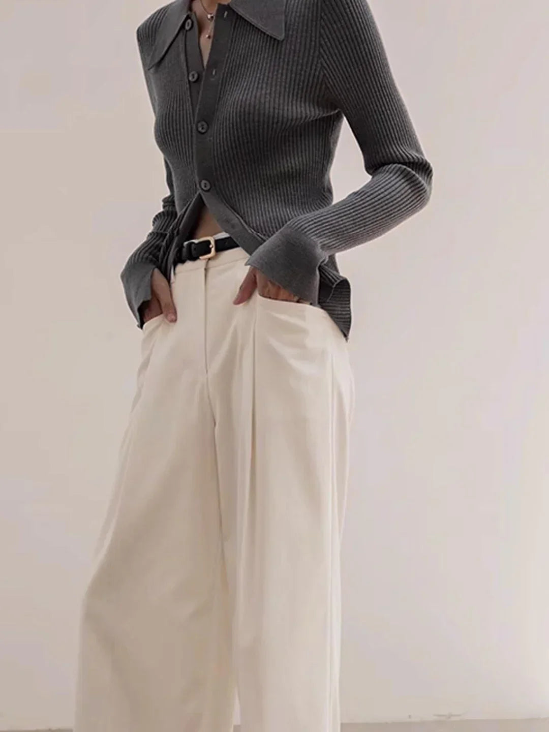 Oldmoney Style Ribbed Lapel Slim Cardigan - LA FEMME WANDERER