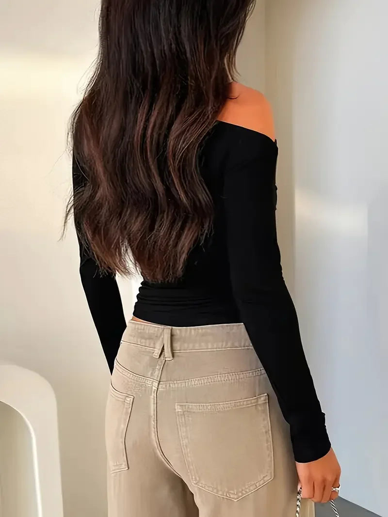 Λεπτό τοπ με μακριά μανίκια και λοξούς ώμους σε casual στυλ - LA FEMME WANDERER