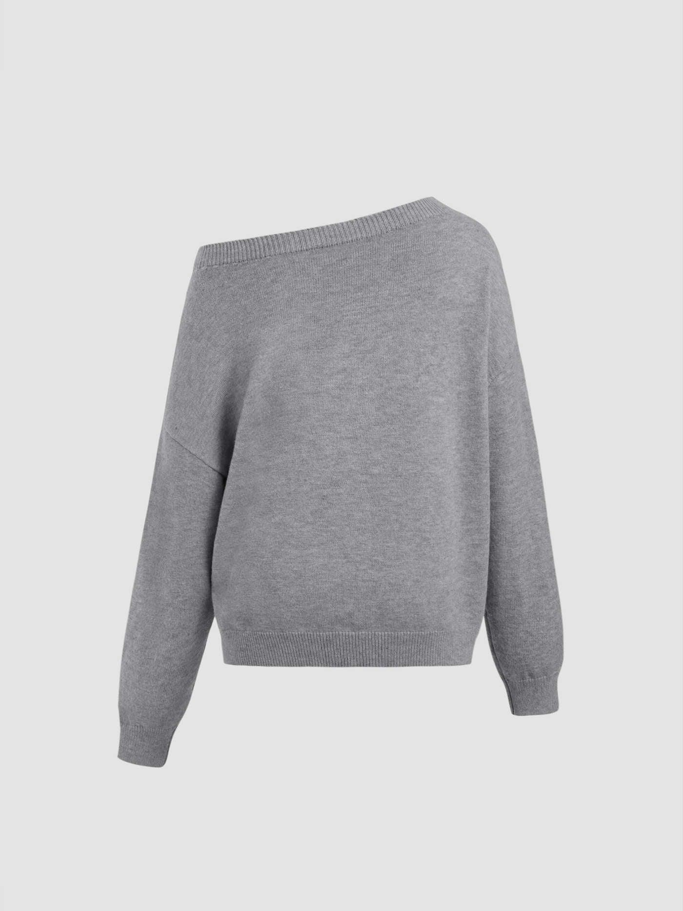 Knit Asymmetrical Neck Oversized Sweater - LA FEMME WANDERER