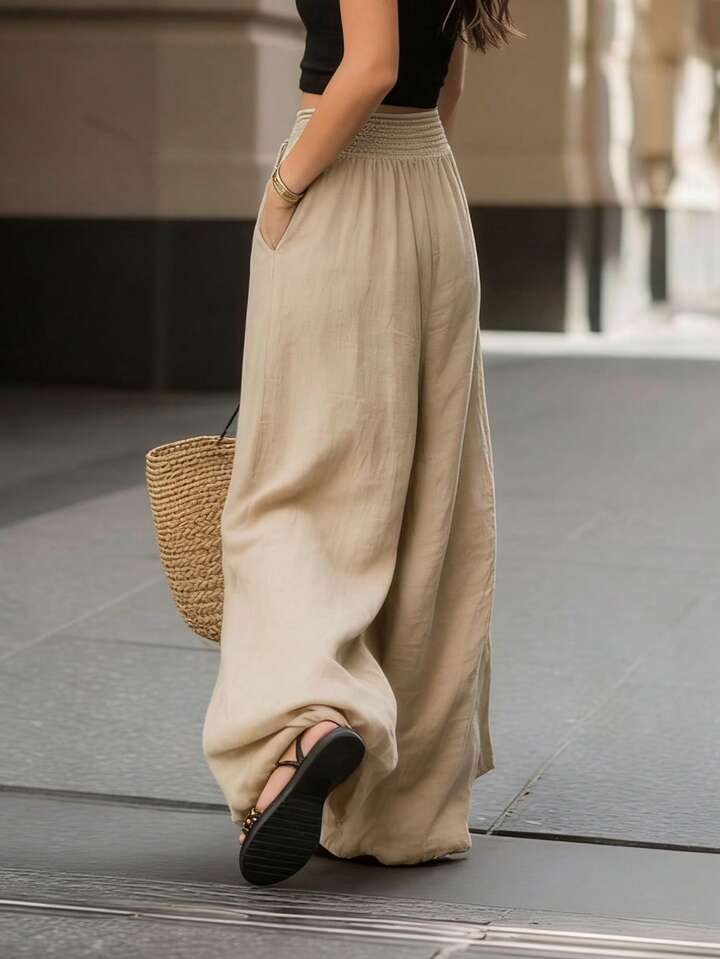 Casual Style Elastic Waist Wide Leg Pants