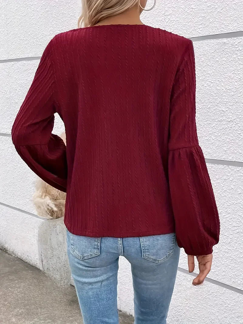 Burgundy Round Neck Casual Blouse - LA FEMME WANDERER