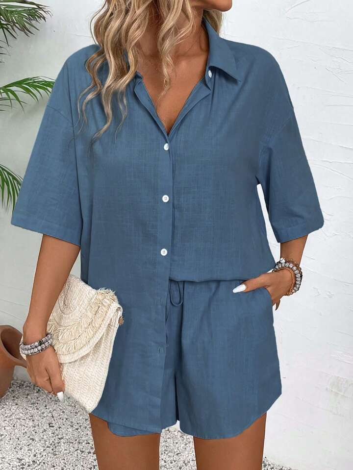Deep Blue Cotton Breezy Oversized Shirt with Matching Drawstring Shorts