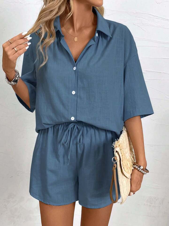 Deep Blue Cotton Breezy Oversized Shirt with Matching Drawstring Shorts