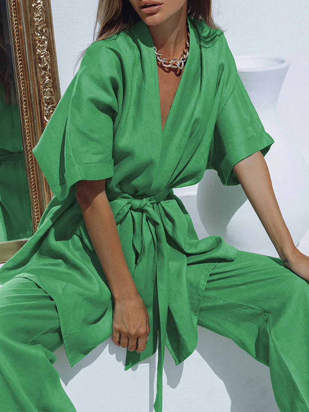 Belt Design Oversized Linen Tied Two Piece Pants Set - LA FEMME WANDERER