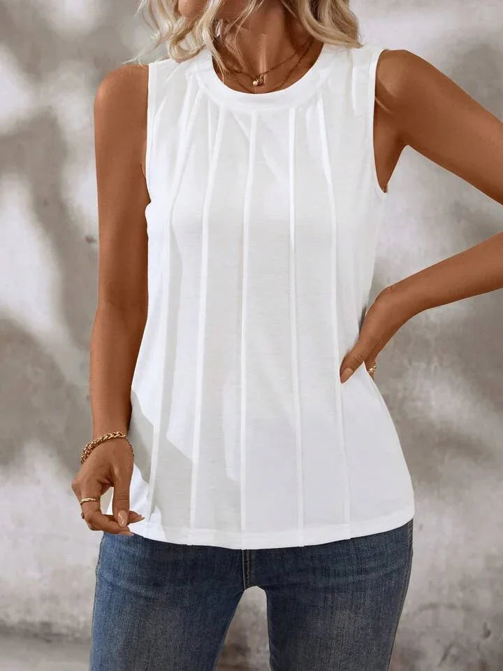 Solid Color Round-Neck Pleated Casual Tank Top - LA FEMME WANDERER