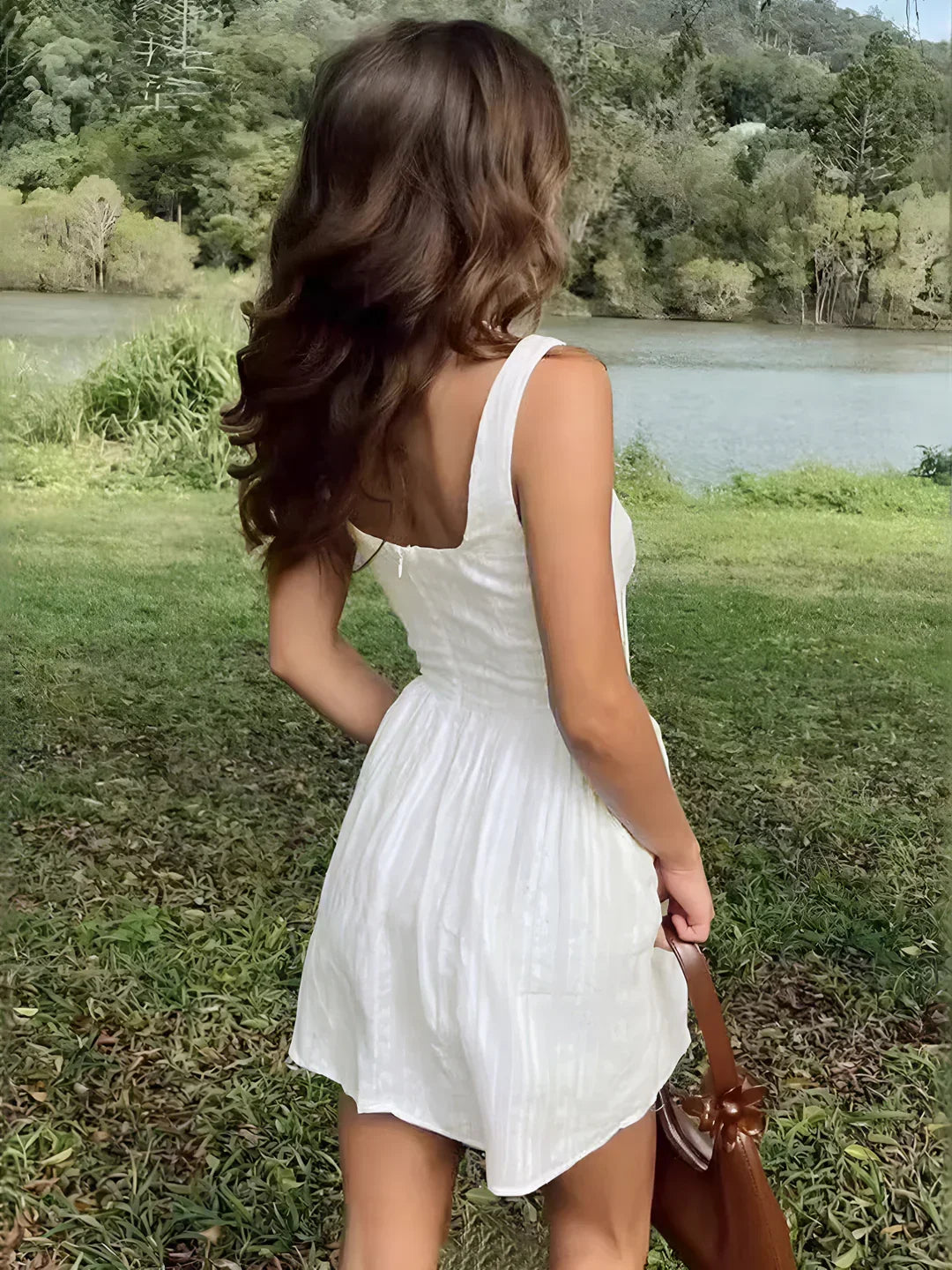 Ημιδιάφανο, μονόχρωμο, κοντό φόρεμα με τετράγωνη λαιμόκοψη - LA FEMME WANDERER