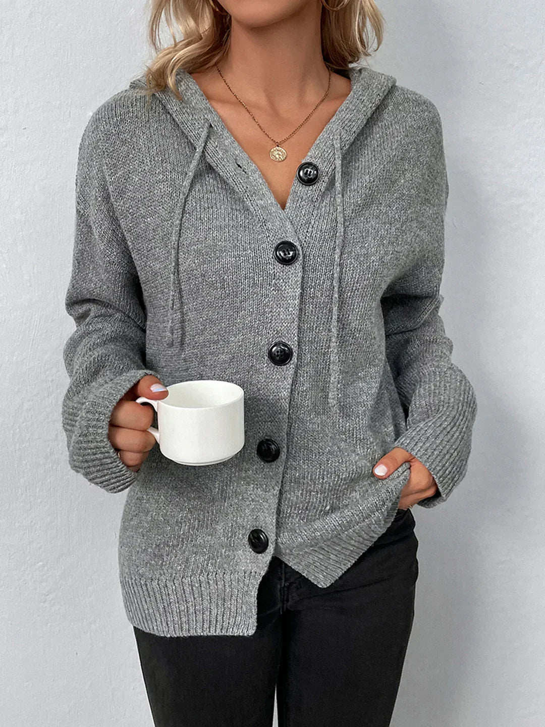 Solid Color Hooded Single-breasted Sweater Women's Cardigan Coat - LA FEMME WANDERER