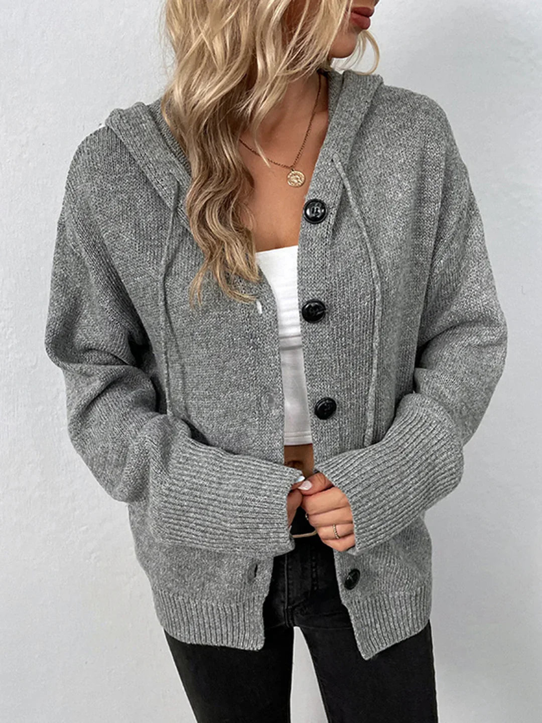 Solid Color Hooded Single-breasted Sweater Women's Cardigan Coat - LA FEMME WANDERER
