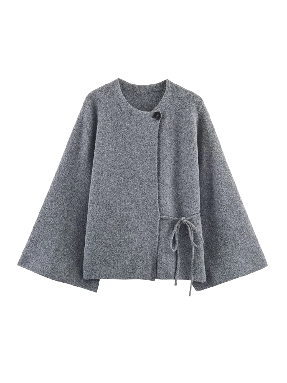Gray Kimono Knit Coat With Front Button Tie