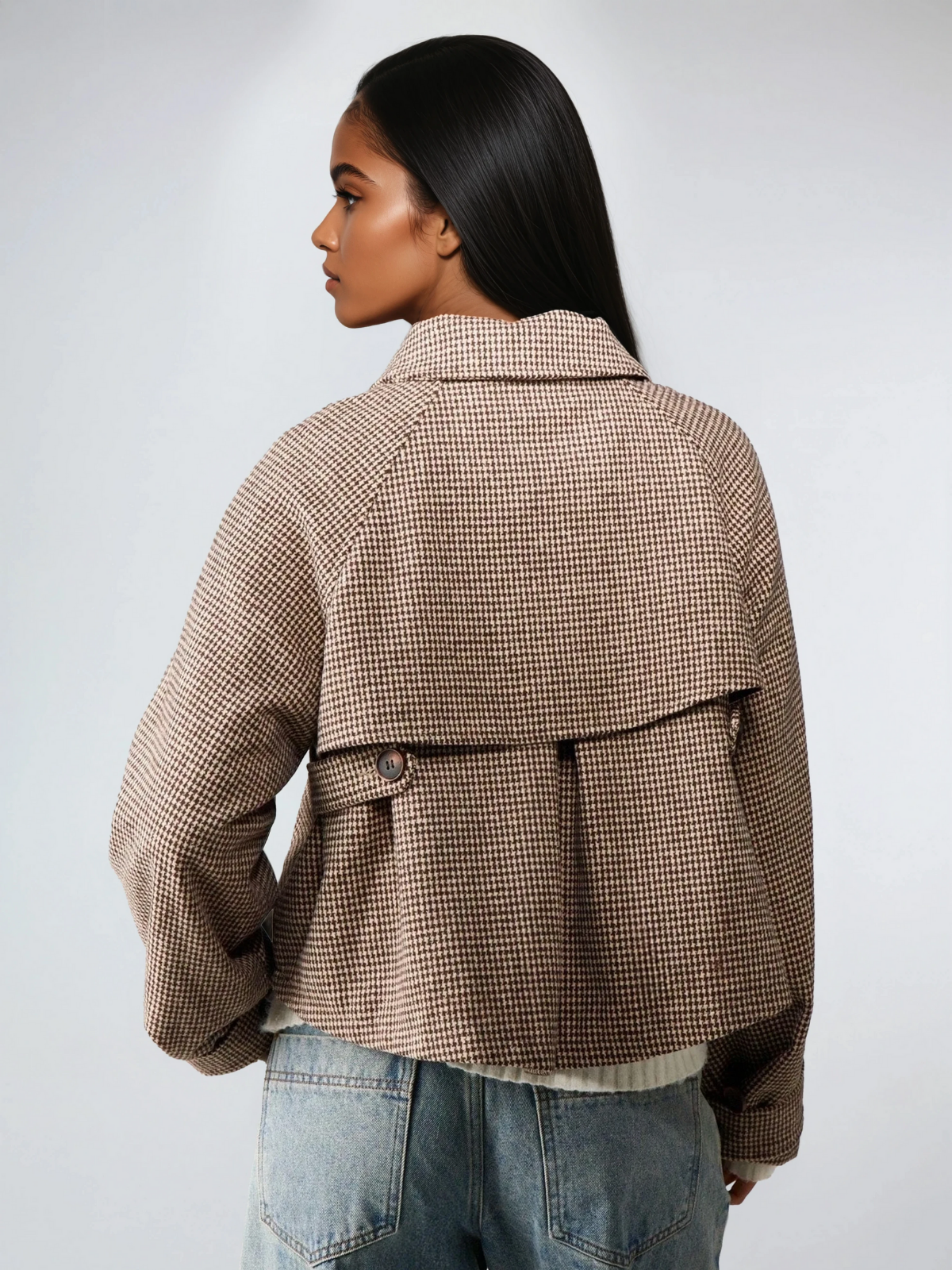 Καπιτονέ μπουφάν με ψηλό γιακά Houndstooth, oversized παλτό για κρύο καιρό