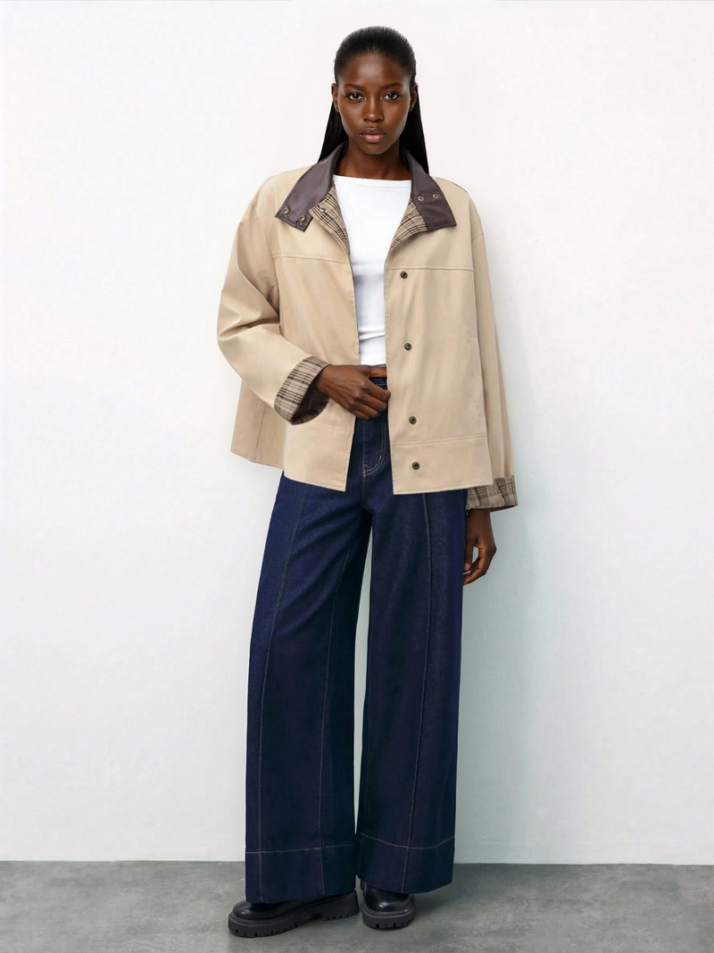 Καφέ καρό σακάκι με μανίκια patchwork και δερμάτινο γιακά για γυναίκες, χειμερινές, καθημερινές εμφανίσεις