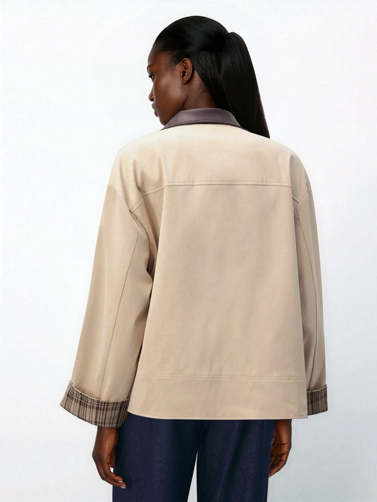 Καφέ καρό σακάκι με μανίκια patchwork και δερμάτινο γιακά για γυναίκες, χειμερινές, καθημερινές εμφανίσεις