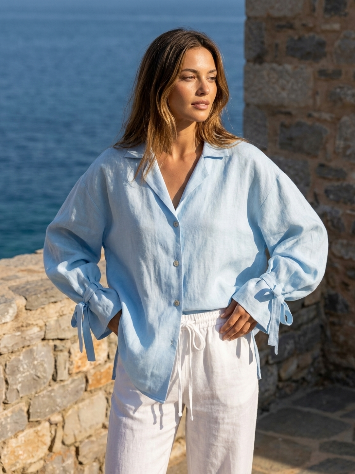 Light Blue Oversized Button-Up Shirt – Relaxed Fit Long Sleeve Blouse