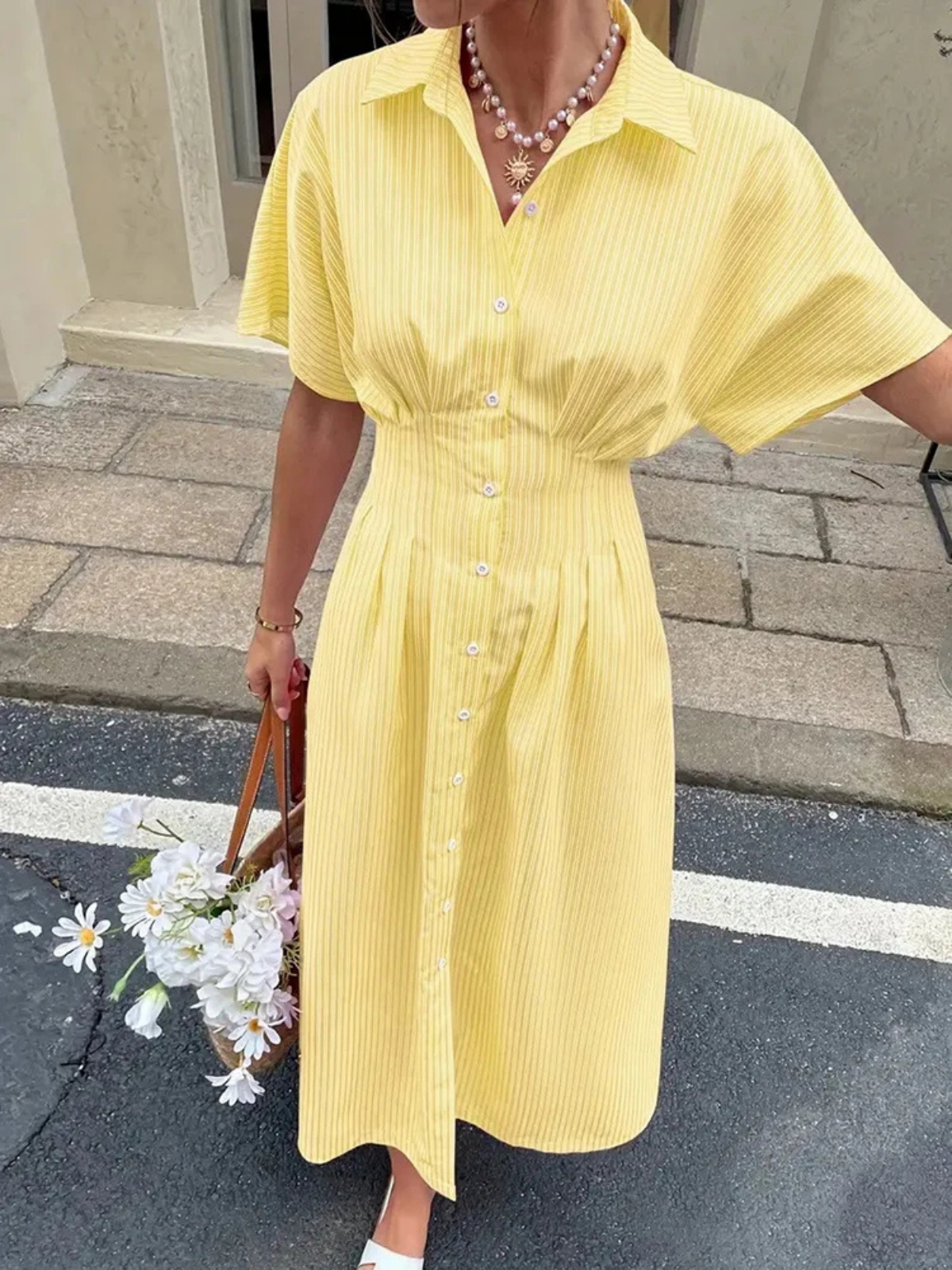 Relaxed Fit Midi Dress – Short Sleeve Button Up Summer Dress