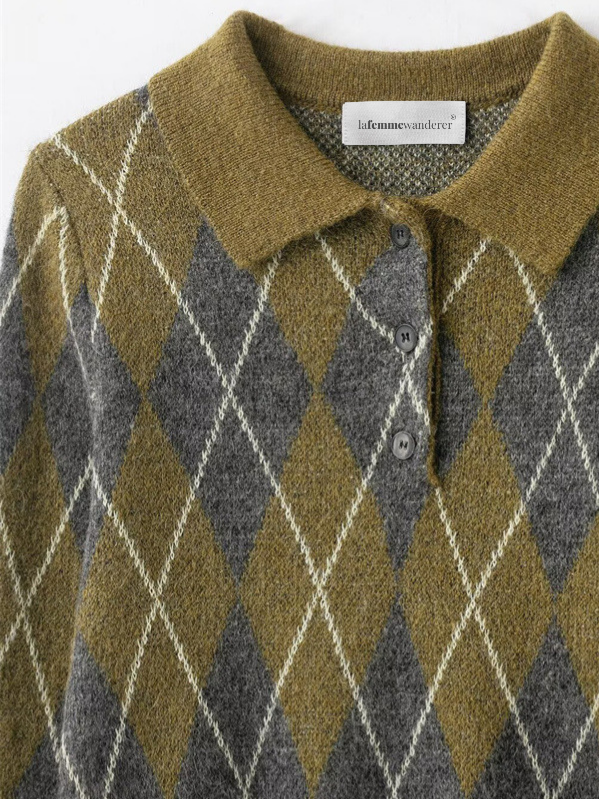 Diamond Patterned Knitted Sweater With Notched Lapel Buttoned Long Sleeves Elegant Style