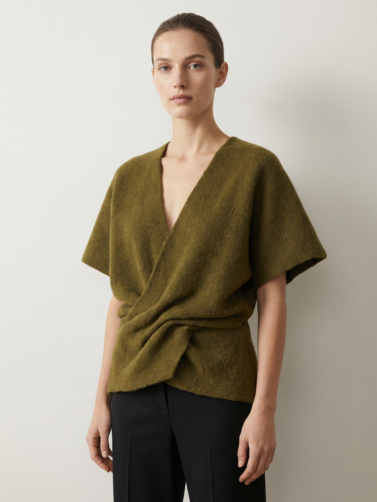 Olive Green Twist Front Knit Top V Neck Casual Blouse